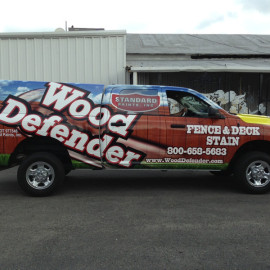 Fence and Deck stain company truck wrap (Wood Defender)